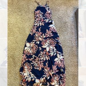 floor length pink and blue, flower printed, spaghetti strap dress